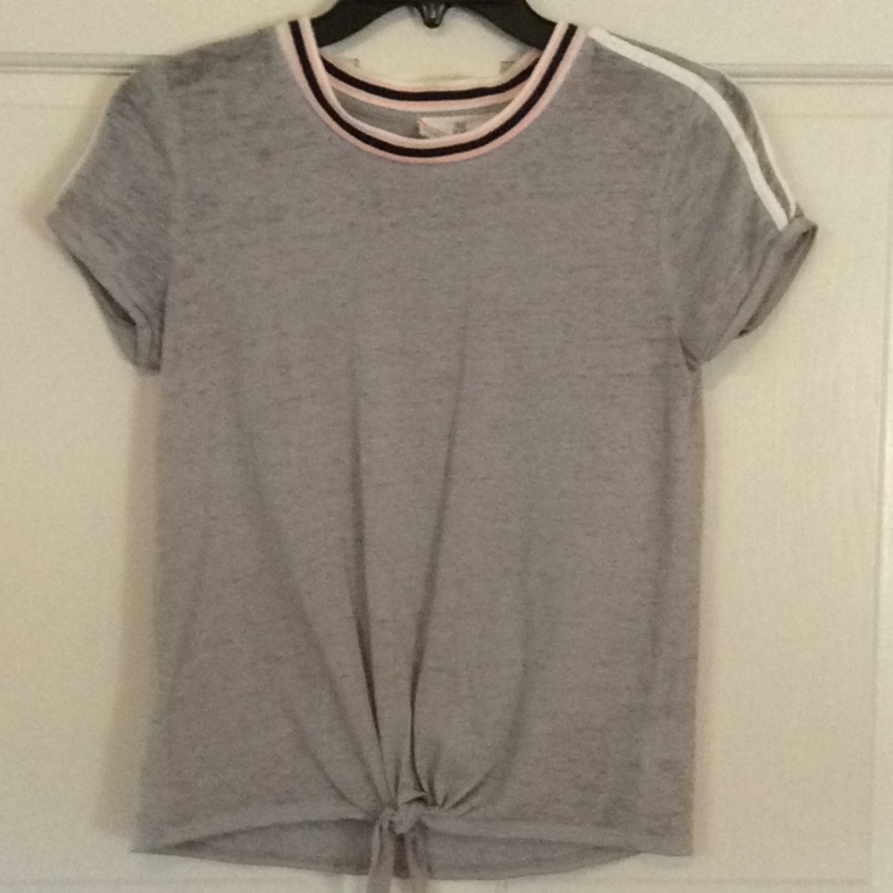 Pink Rose Gray Tie-Front Short Sleeve Top Junior S